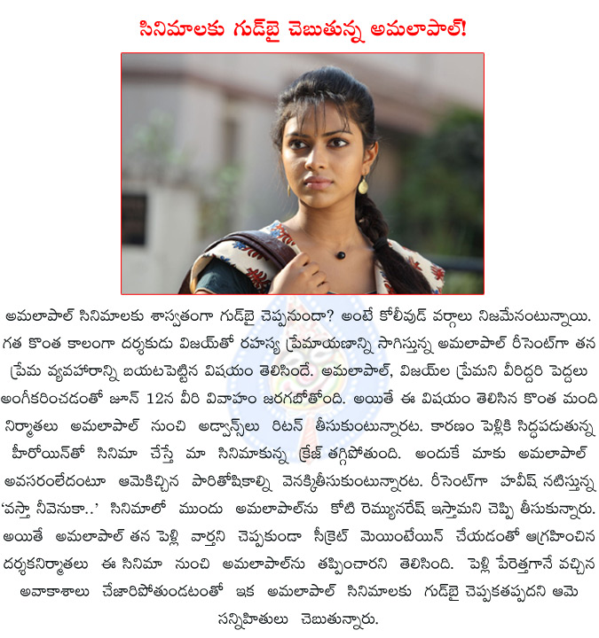 amala paul,amala paul to quit acting,amala paul goodby to acting,director vijay,amala paul to marry director vijay,amalapaul marriage with vijay,vastha nee venuka,havish new fim,  amala paul, amala paul to quit acting, amala paul goodby to acting, director vijay, amala paul to marry director vijay, amalapaul marriage with vijay, vastha nee venuka, havish new fim, 